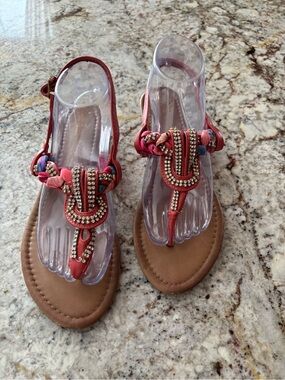 Beaded Coral T-Strap Women's Sandals